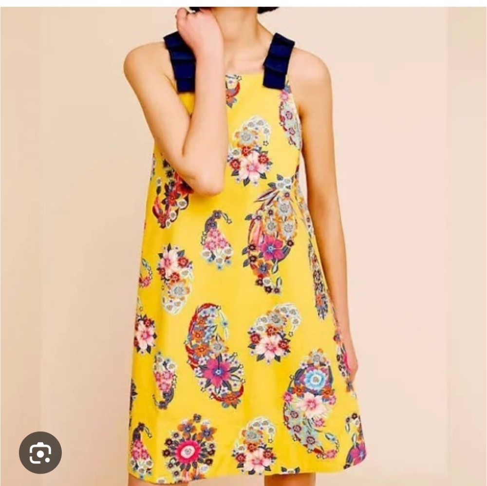 Anthropologie Maeve Sunniva Yellow Floral Ribbon Strap Dress Size XS Boho pocket - Picture 2 of 14